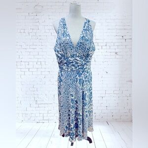 Donna Morgan Dress Womens
14 Blue Ivory Print Silk
Backless Halter Lined Flowy